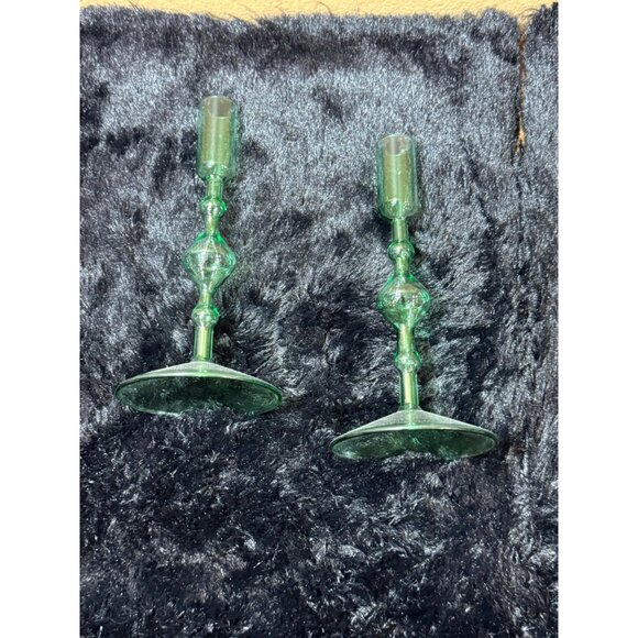 Poketo Glass Candlesticks Holder Green Set Of 2 With Elegant Design 8" - Picture 6 of 8